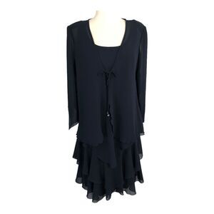 Cattiva Evening Jacket Dress Chiffon Midi Flapper Layered Flare Sz 10 Navy Blue